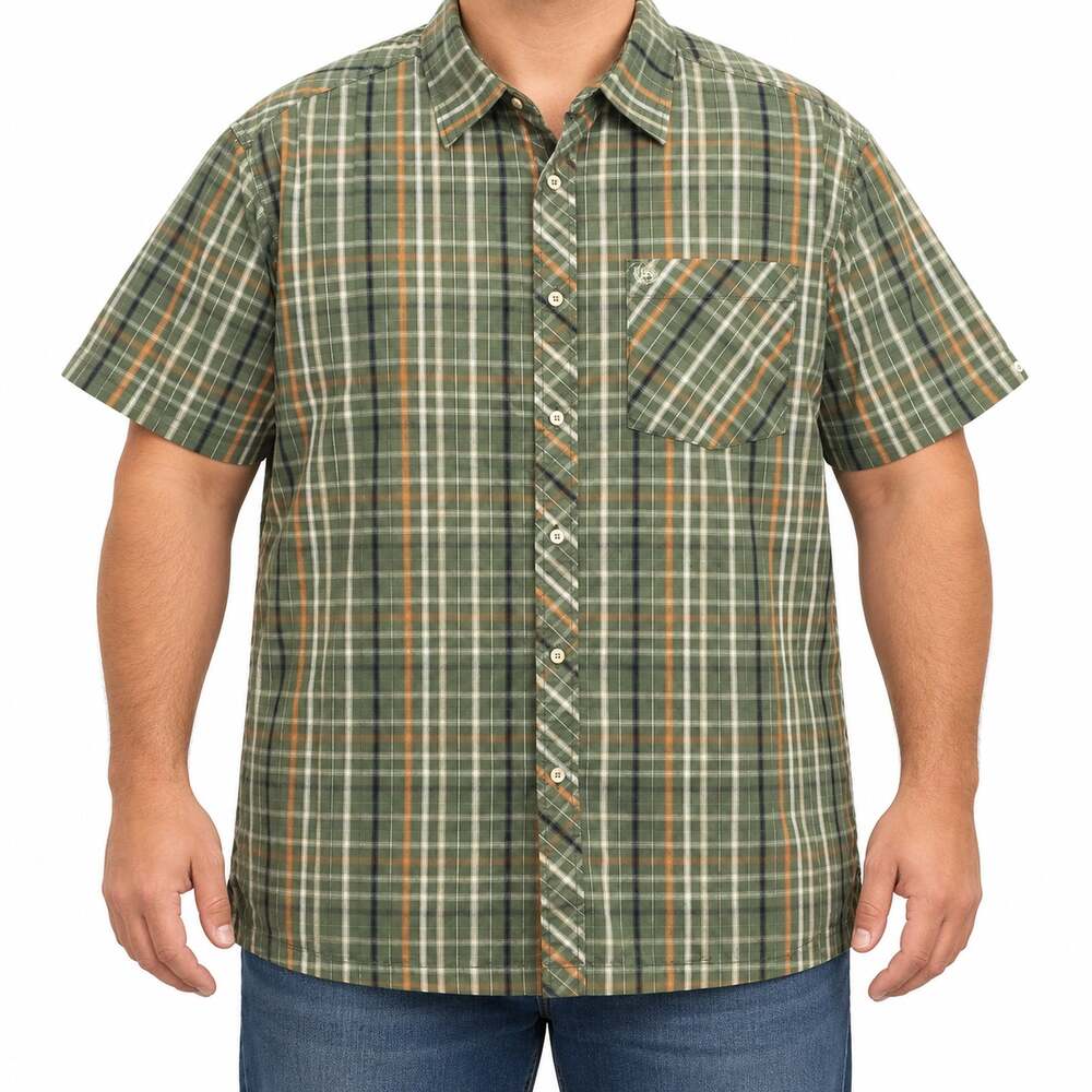 Phat Farm Shirt Mens 2XL Green Orange Plaid Button Up Short Sleeve Pocket Cotton